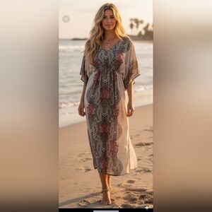 Bohemian Paisley Kimono Sleeve Flowy Beach Summer Vibes Dress Long